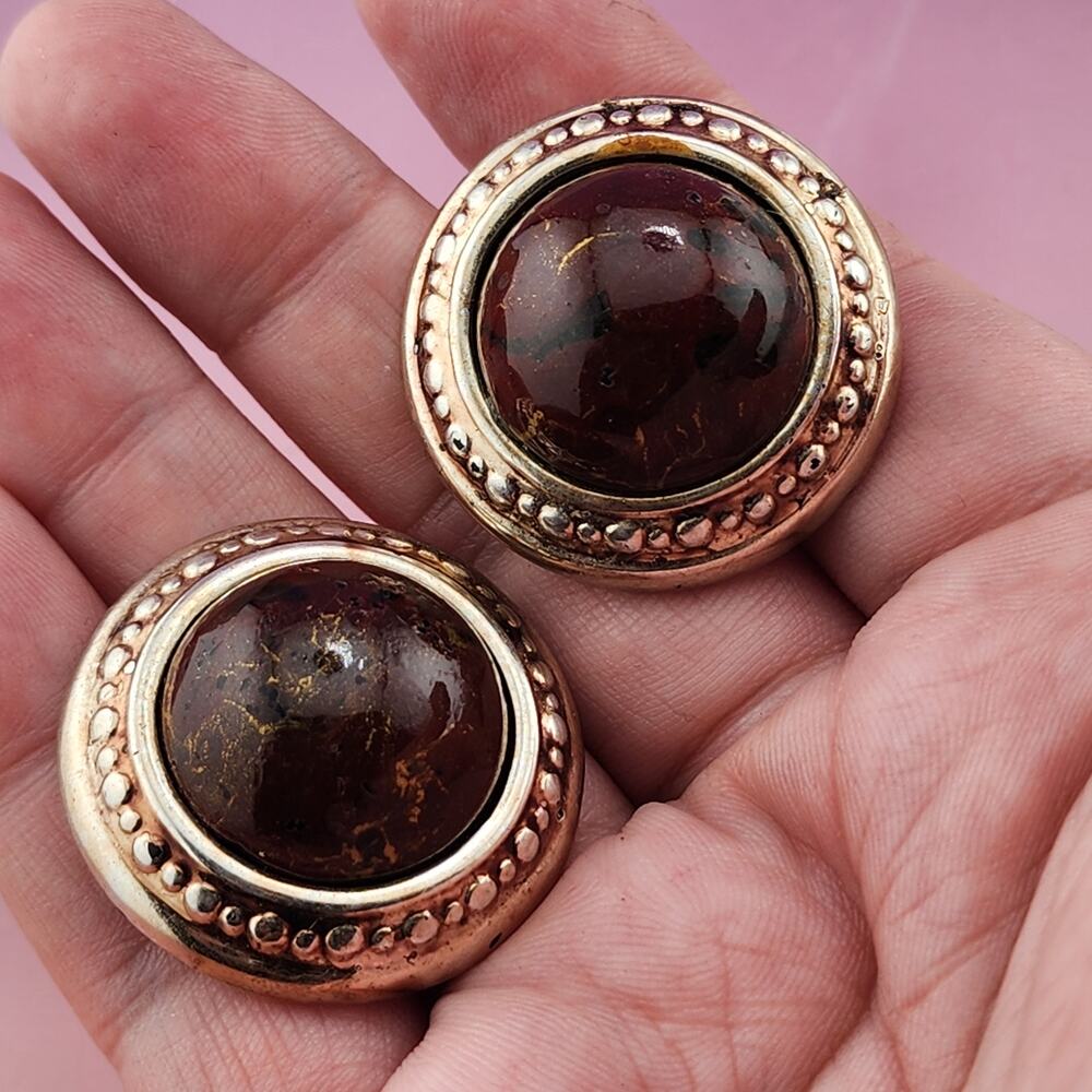 Brown Marbled Dome Clip On Earrings Silver Tone Beaded Frame Retro Statement